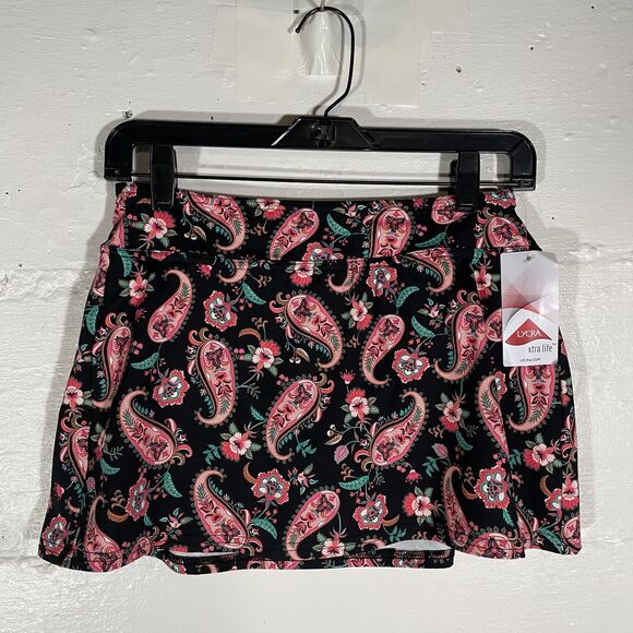 NWT Lands’ End Swim Skirt Size 4 Paisley Print Black Pink Floral Lycra Xtra Life - Picture 2 of 10